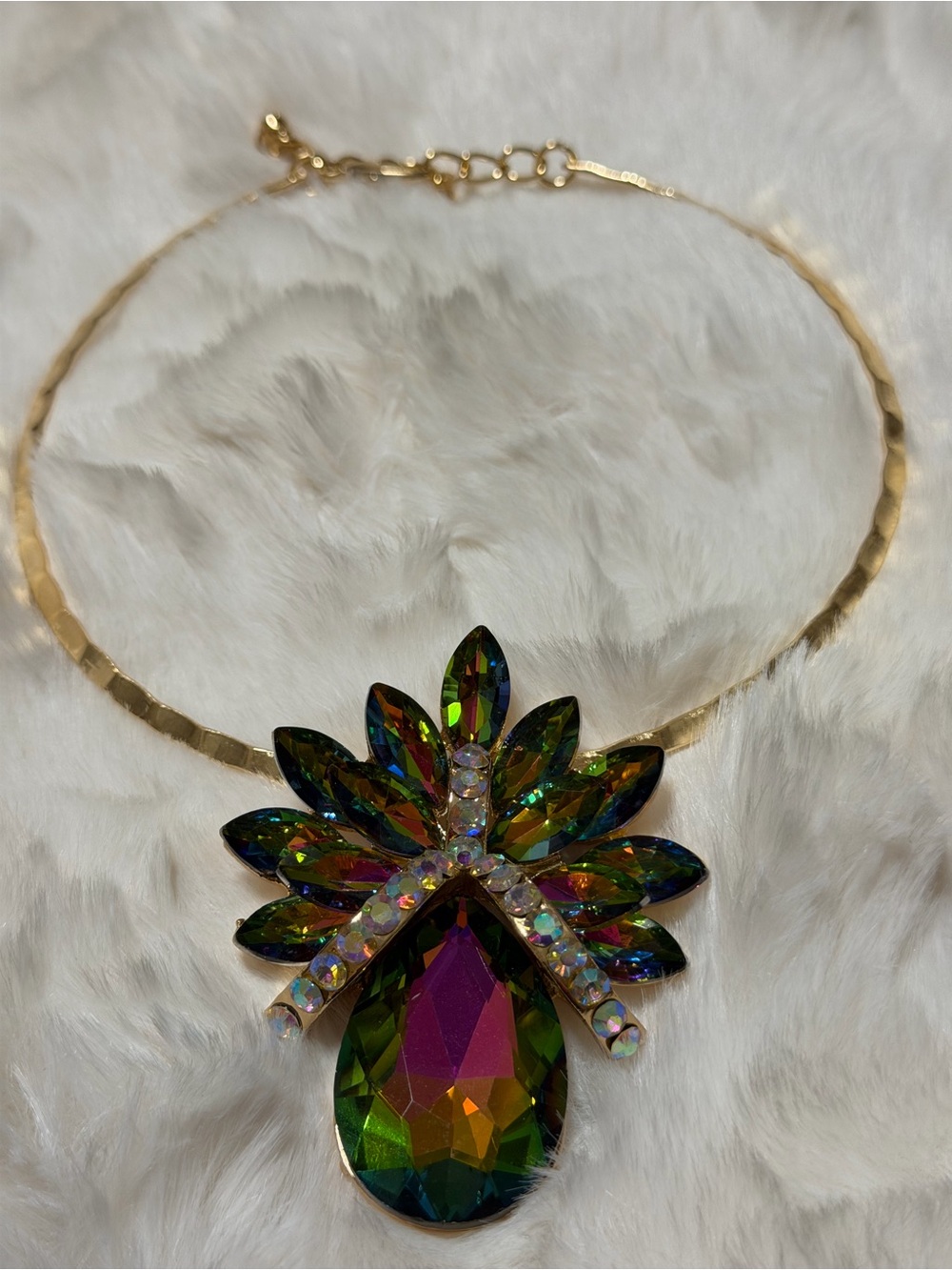 Gold-Tone Necklace with Multicolor Teardrop Crystal Pendant - Women Jewelry